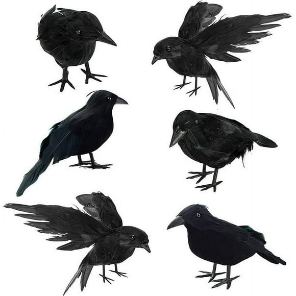 6 Pcs Halloween Black Crows Feathered Crows Realistic Looking Ravens Large Handmade Black Crow for Halloween Decoration Party Supplies