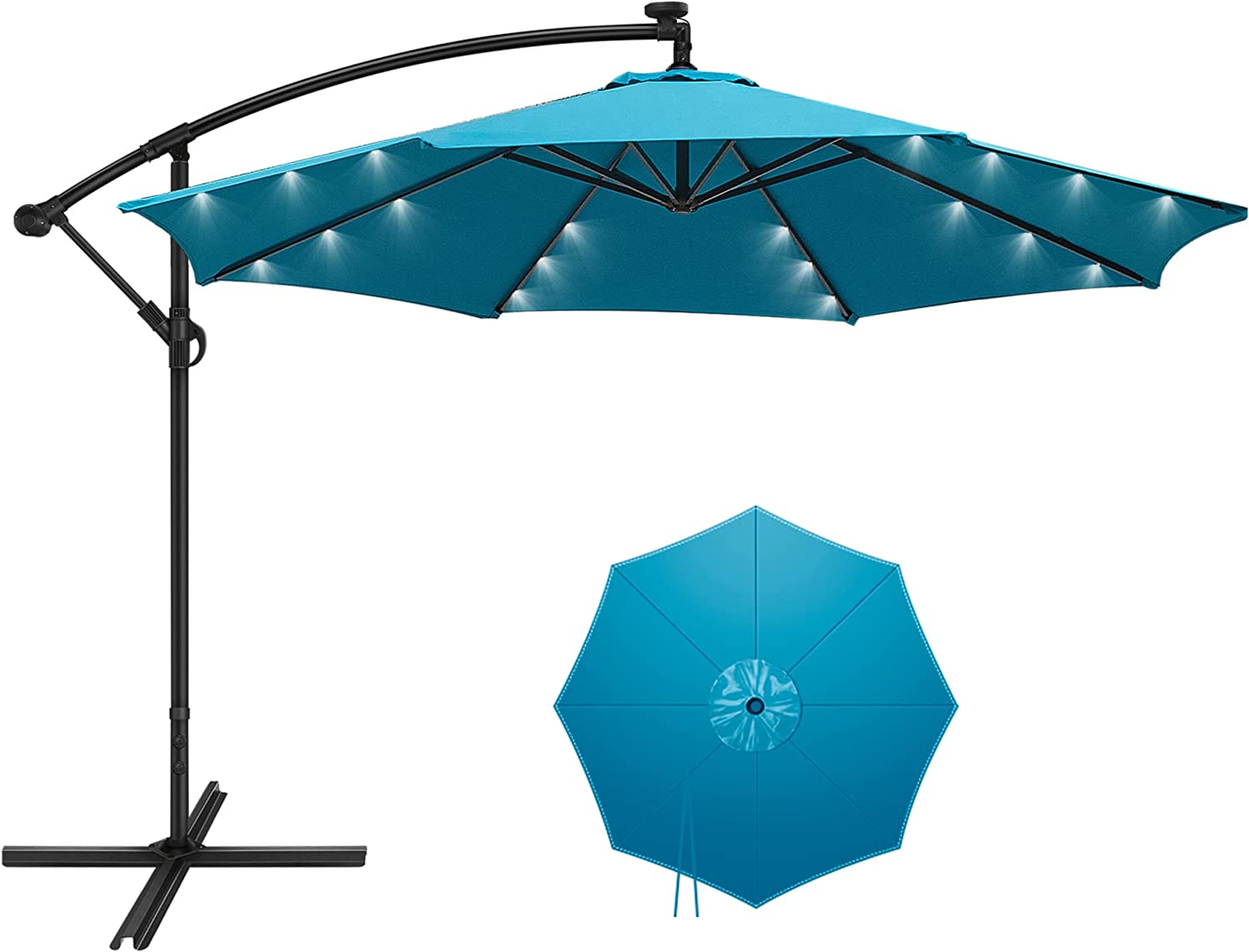 10 FT Patio Offset Umbrella with Solar Lights Outdoor Cantilever Umbrella Hanging Umbrellas with