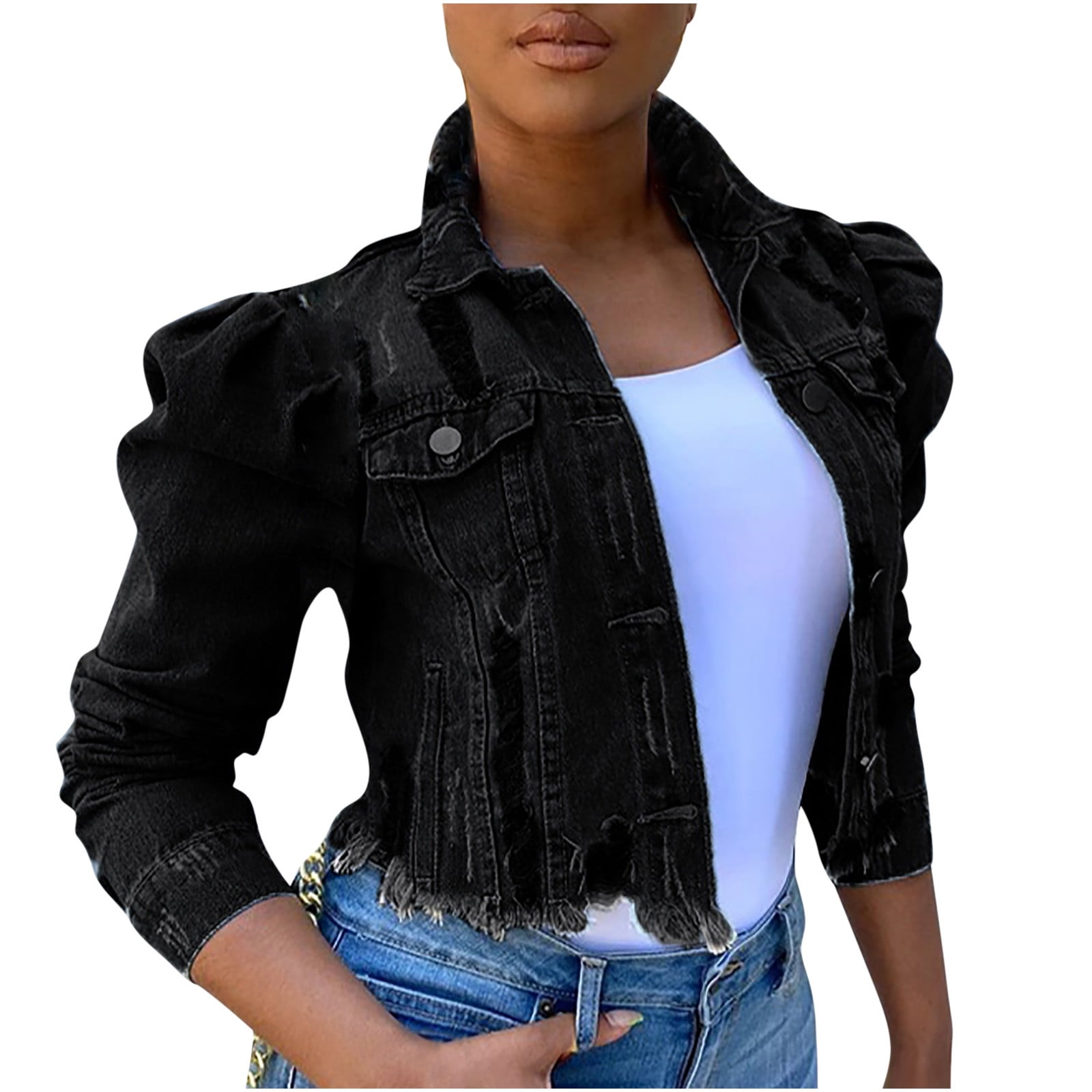 Women's Jean Jacket Street Short Lapel Frayed Washed Button Up Slim Cropped Denim Jacket With Black M Walmart.com