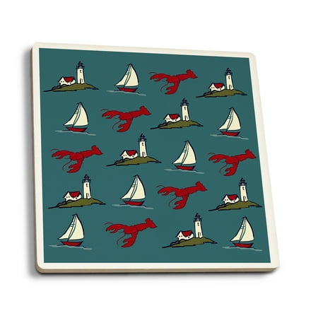 - Pattern - Lobster, Lighthouse, Sailboat - Lantern Press Artwork (Set of 4 Ceramic Coasters - Cork-backed, Absorbent)