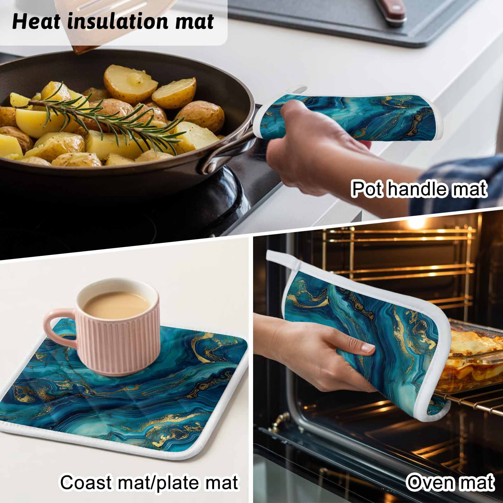 Teal Blue Marble Pot Holders for Kitchen Heatproof Potholder, 5 Pack Ink Painting Modern Abstract Yellow Hot Pads Multipurpose Oven Pads Cloth Potholders Trivet for Cooking Baking