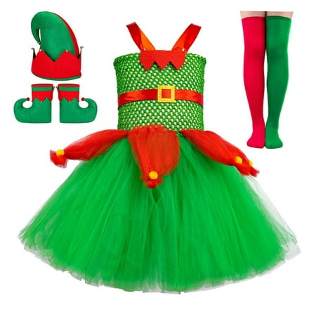 Kids Girls Christmas Elf Costumes Red Green Tulle Tutu Dress Hat Boots Stockings Set Party Cosplay Costume for Christmas
