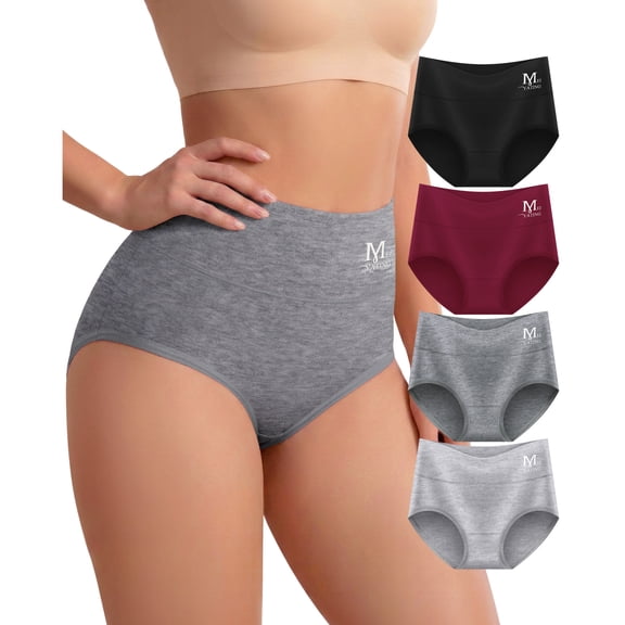 YDQ Women's High Waisted Cotton Underwear, Tummy Control Full Coverage Brief Panties with Contoured Back, 4 Pack, XL