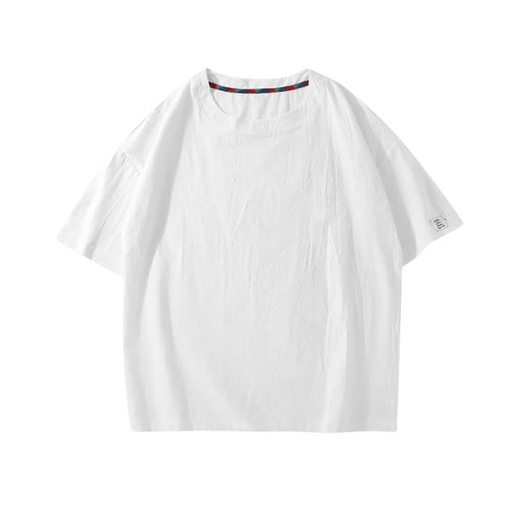 ZMFXJPE Mens Casual T Shirts Short Sleeve Cotton Linen Shirt Vintage Crew Neck T-Shirt Plain Big and Tall Summer Clothes White, M