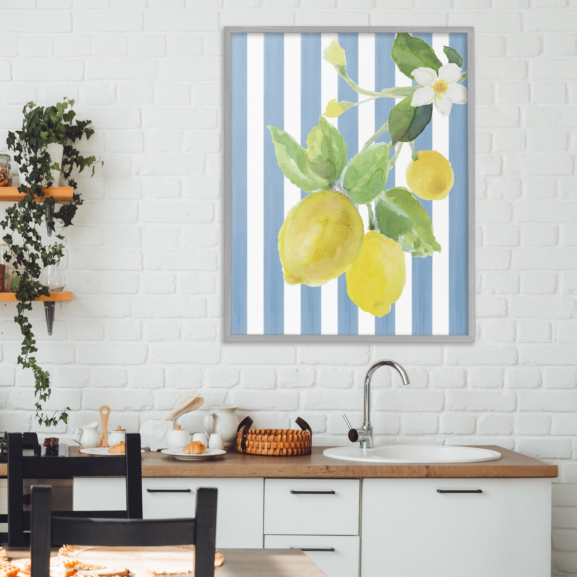 Stupell Industries Lemon Blossom on Blue Stripes Gray Framed Giclee Art, design by Lanie Loreth
