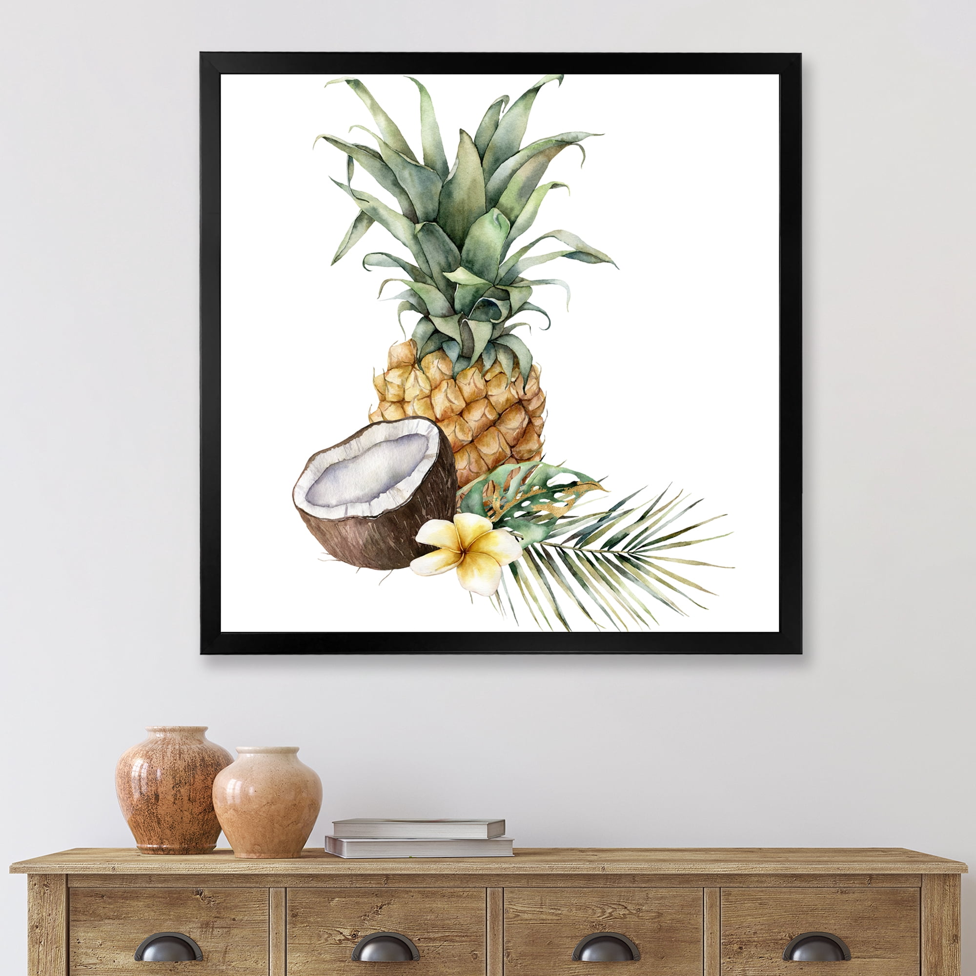 Designart 'Pineapple With Plumeria Coconut and Palm Leaves' Traditional Framed Art Print