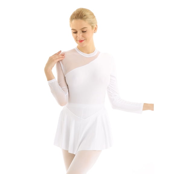 Jowowha Women's Lyrical Dance Dress Long Sleeve Mesh Figure Skating Dress Backless Ballet Dance White S