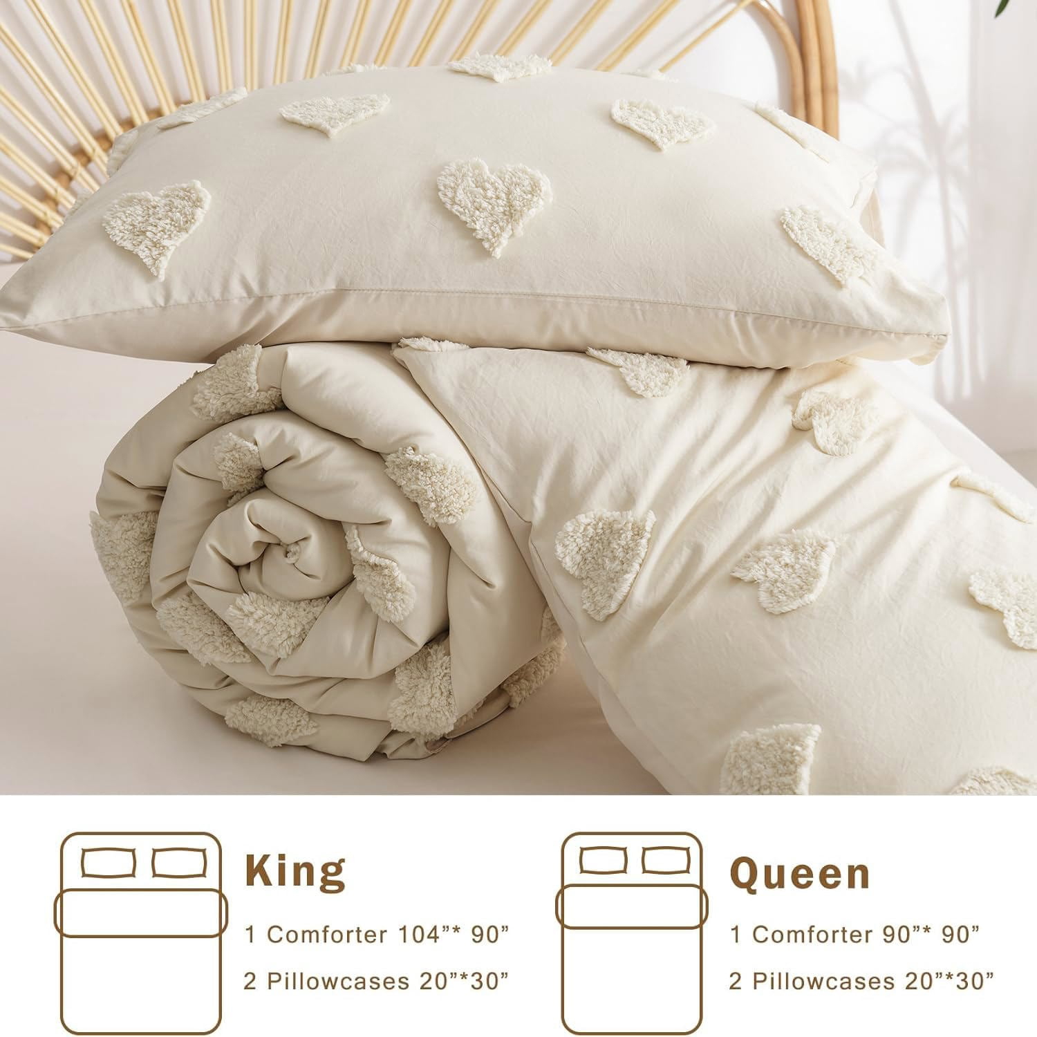 3 Pieces Tufted Heart Dot Beige Queen Comforter Set Boho Ultra Soft Jacquard Lightweight Comforter Shabby Chic Washed Microfiber Bedding Set