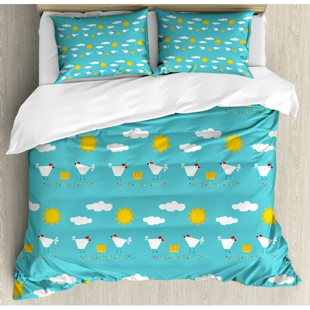 Cartoon Duvet Cover Set Queen Size Happy Funny Farm Morning Theme With Clouds Sun Rooster Get Cartoon Duvet Cover Set Queen Size, Farm Toddler Bedding Sets