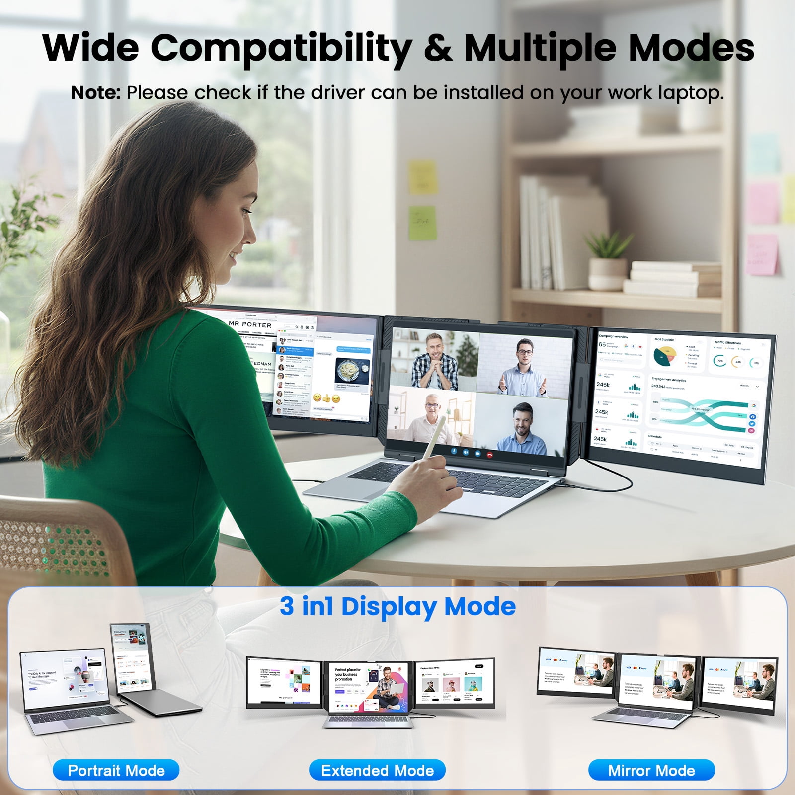 Tlscon One Cable Laptop Screen Extender, 15.6” Ultra-Slim Laptop Screen Extender Monitor Portable, 1080P IPS Display, USB-C/USB-A Connection, Travel Monitor for 13–17.3" Laptops, MacOS/Wins/Android