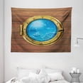 thumbnail image 1 of Shark Tapestry, Submarine Chamber Window with A View of Coral Reef Swimming Fishes Print, Wall Hanging for Bedroom Living Room Dorm Decor, 80W X 60L Inches, Light Caramel Blue Gold, by Ambesonne, 1 of 2