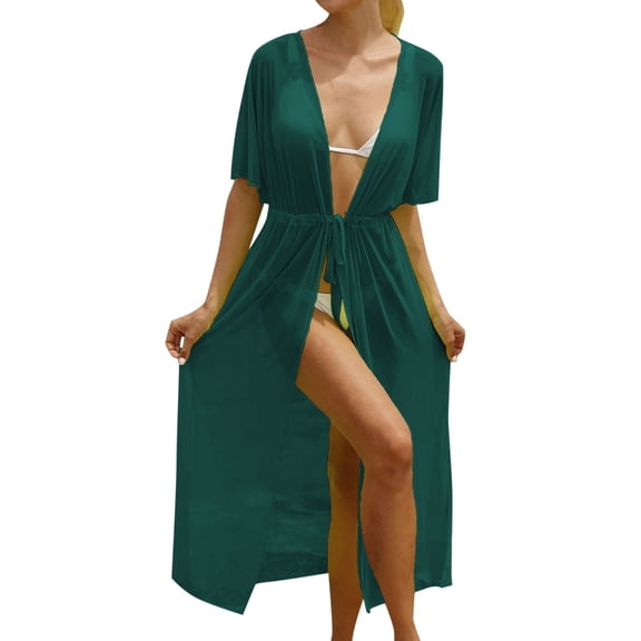 JIAYUE Women's Swimsuit Cover-Ups Sheer Beach Deep V Neck Short Sleeve Solid Color With Tie Waist Split Ankle Length Lightweight Chiffon Bikini Swimwear Cover Up Dresses
