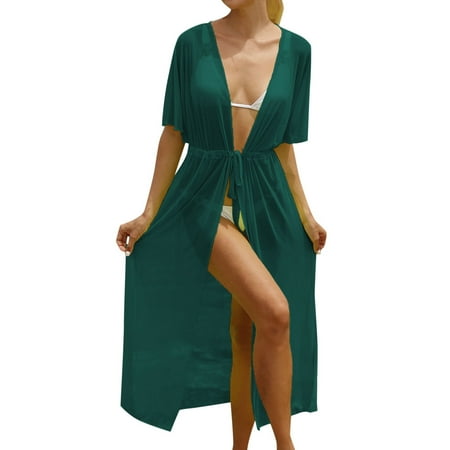 RUTAYY Women Sheer Beach Cover Up With Tie Waist Split Design And Lightweight Mesh For Bikini Swimwear Seaside Swim Wear