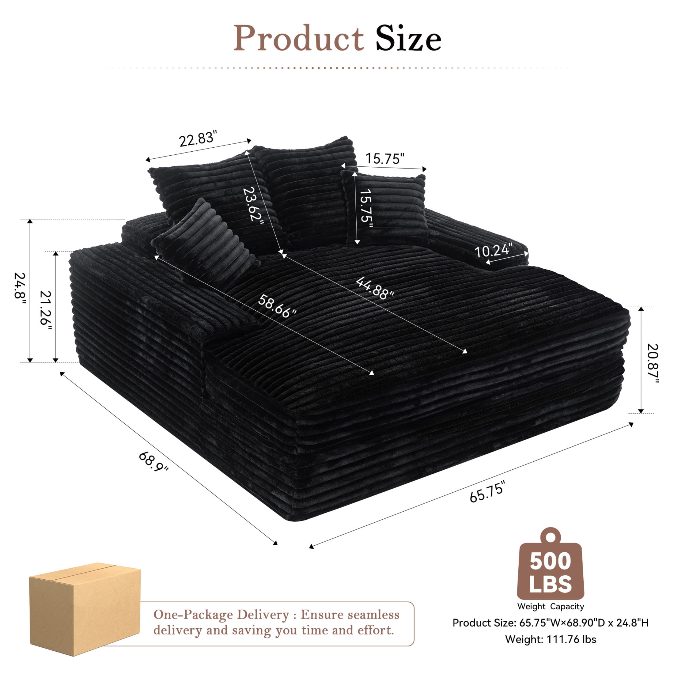 Noble House Heliox 68" Oversized Chaise Lounge Chair, Plush Corduroy Sleeper Sofa Bed with Removable Pillows, Black
