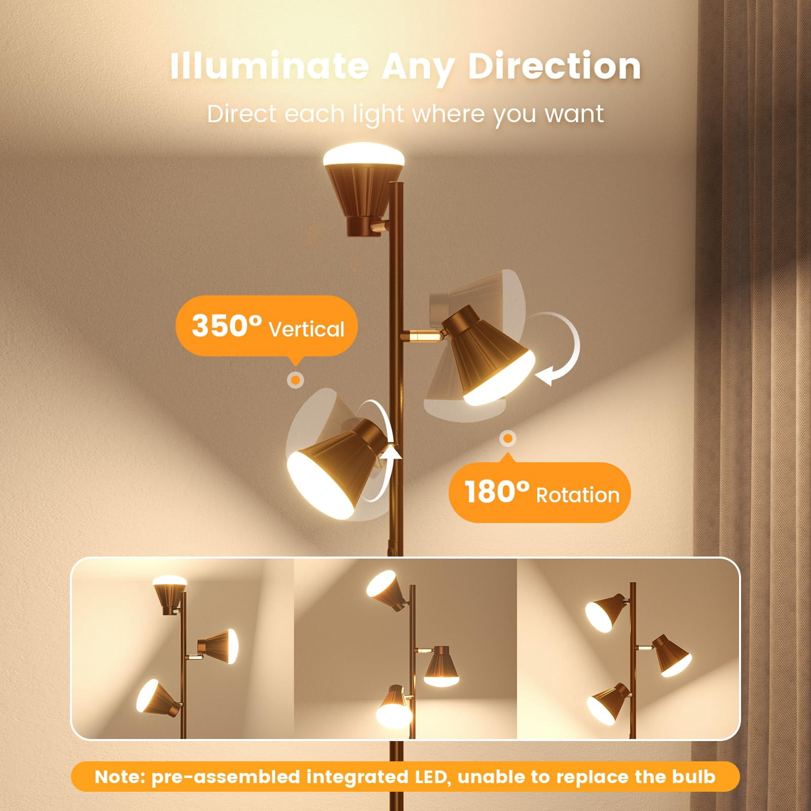 36W LED Tree Floor Lamp, Dimmable Tall Standing Lamp with Remote & Touch Control, 4 Color Temperatures Bright Floor Lamp, 3 Rotatable Light Modern Floor Lamps for Living Room Bedroom Office