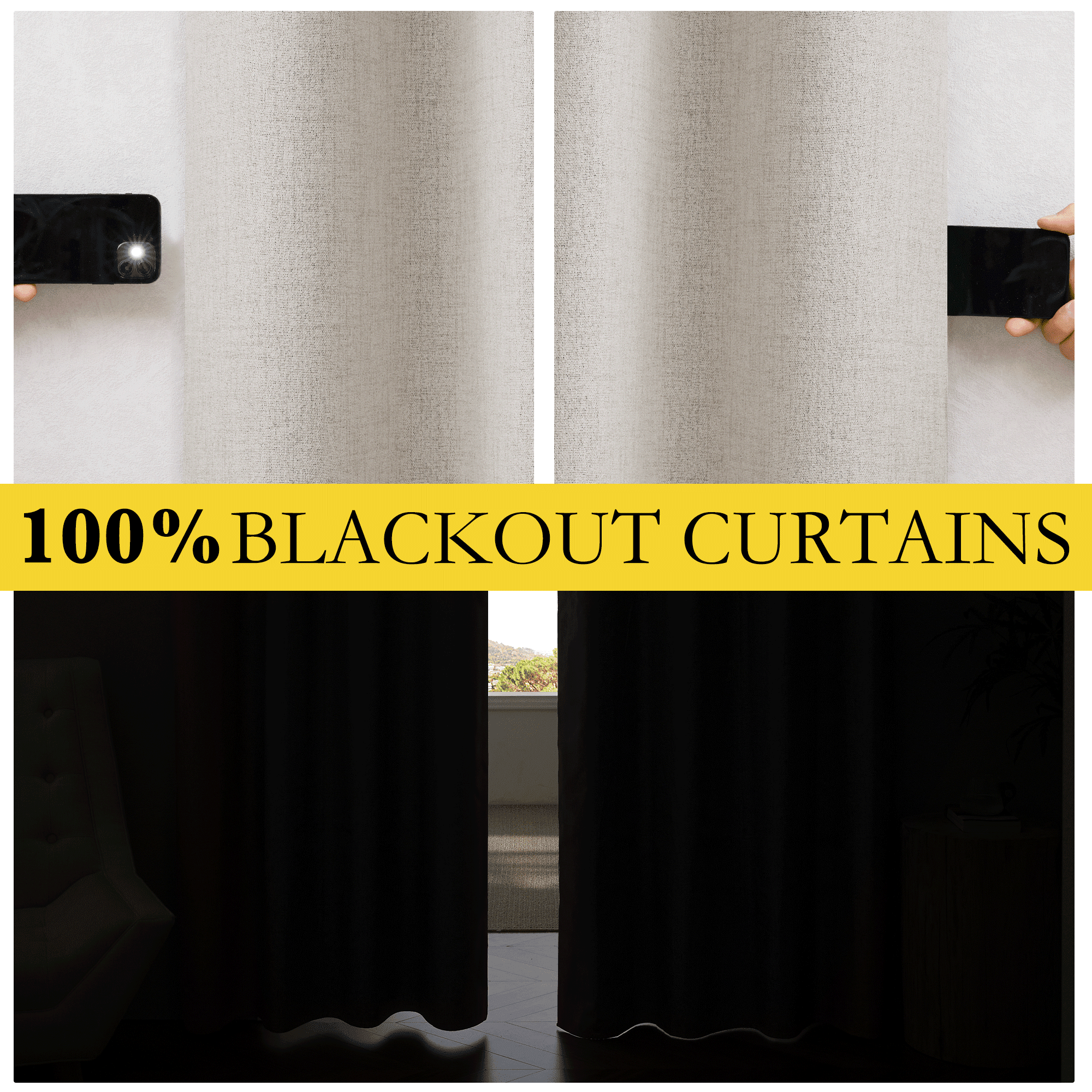 NICETOWN Natural Faux Linen 100% Blackout Curtains for Living Room, Full Room Darkening Thermal Insulated Soundproof Back Tab & Rod Pocket Drapes, 52"x 84", 2 Panels