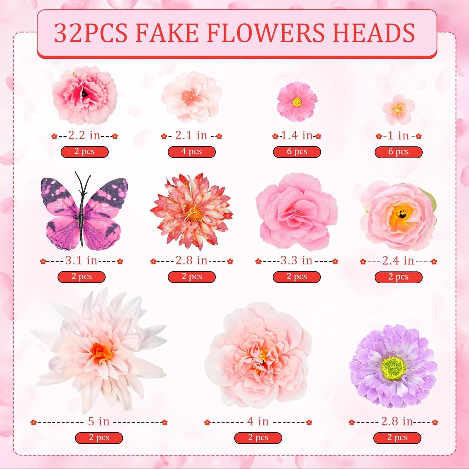 Fake Flowers Heads, Artificial Flower Heads Bulk for Crafts Garland Wedding Party Home Decoration DIY Hair Cap Dresses Decoration (Pink)