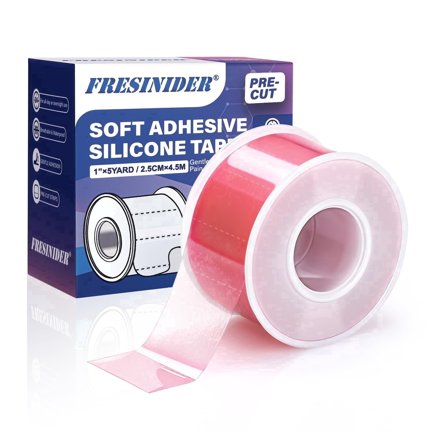 FRESINIDER Silicone Tape 1" x 5 Yard Pink 1 Roll for Sensitive Skin, Pre-Cut Waterproof Medical Tape, Gentle Adhesive for Wound Care, Surgical Sites, Infants and Elderly