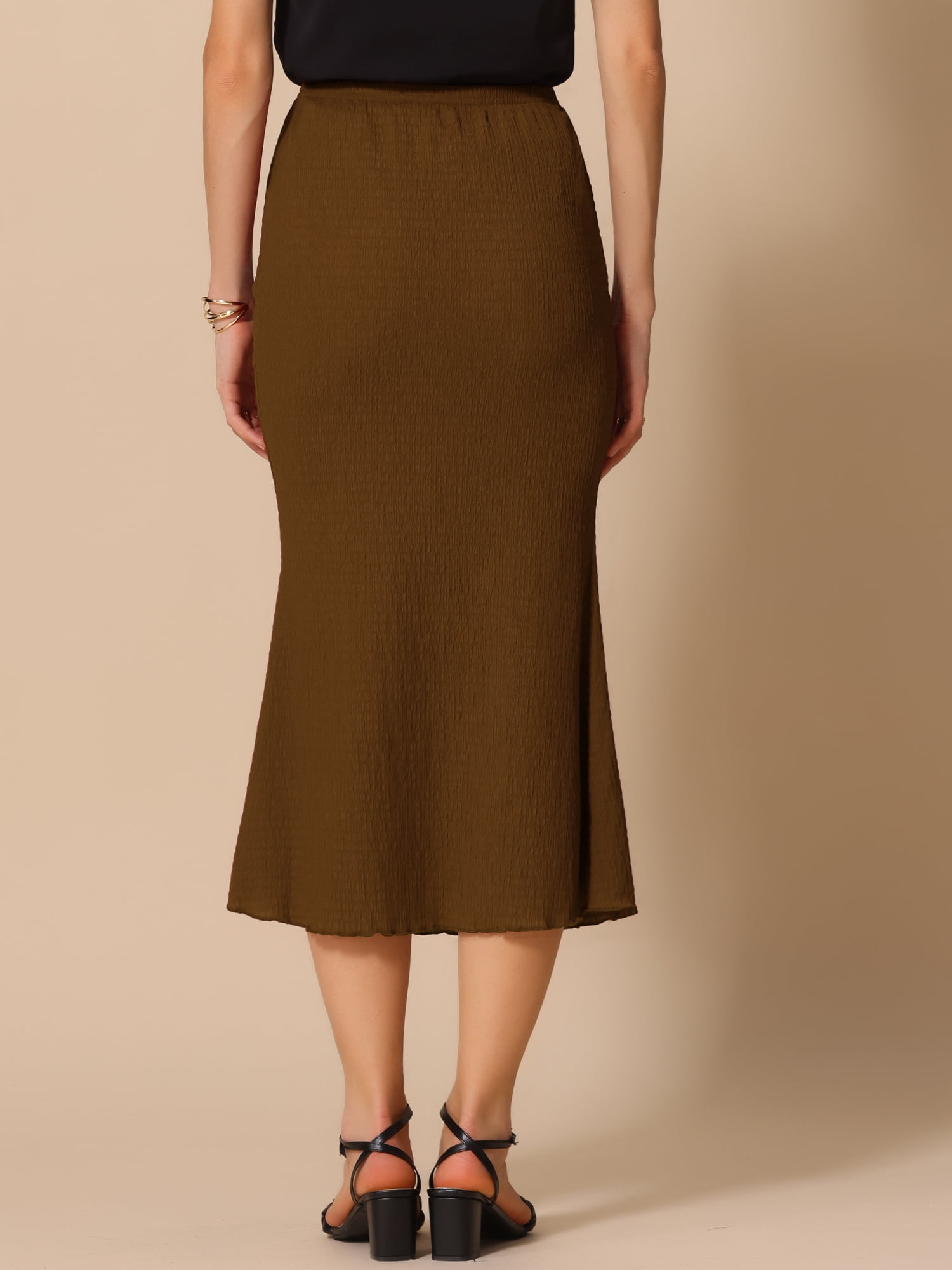 DARING DIVA Women's Texture Stretchy Lettuce Hem Bodycon Mermaid Maxi Skirts XL Brown