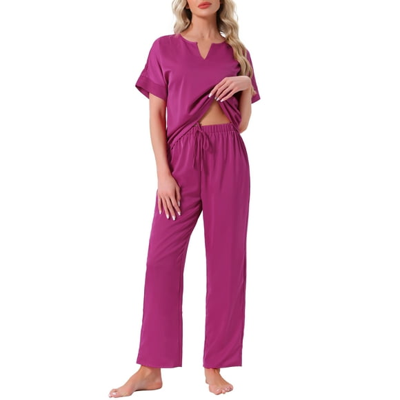 INSPIRAR CHIC Pijamas de Satén para Mujeres, Camisa de Manga Corta con Cuello en V y Pantalones Largos, Conjunto de Ropa de Casa Suave, S Color Rosa Fucsia
