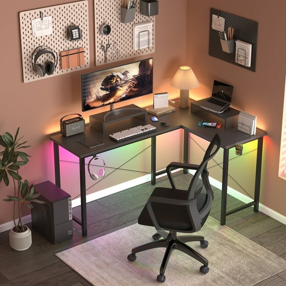 GTRACING L-Shaped Gaming Desk with RGB Light and Removable Storage Stands, Black