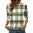 thumbnail image 2 of EchfiProm Yellow T-Shirts for Women Plaid 3/4 Sleeve Pullover Cute Loose Fit Crew Neck Blouse, 2 of 7