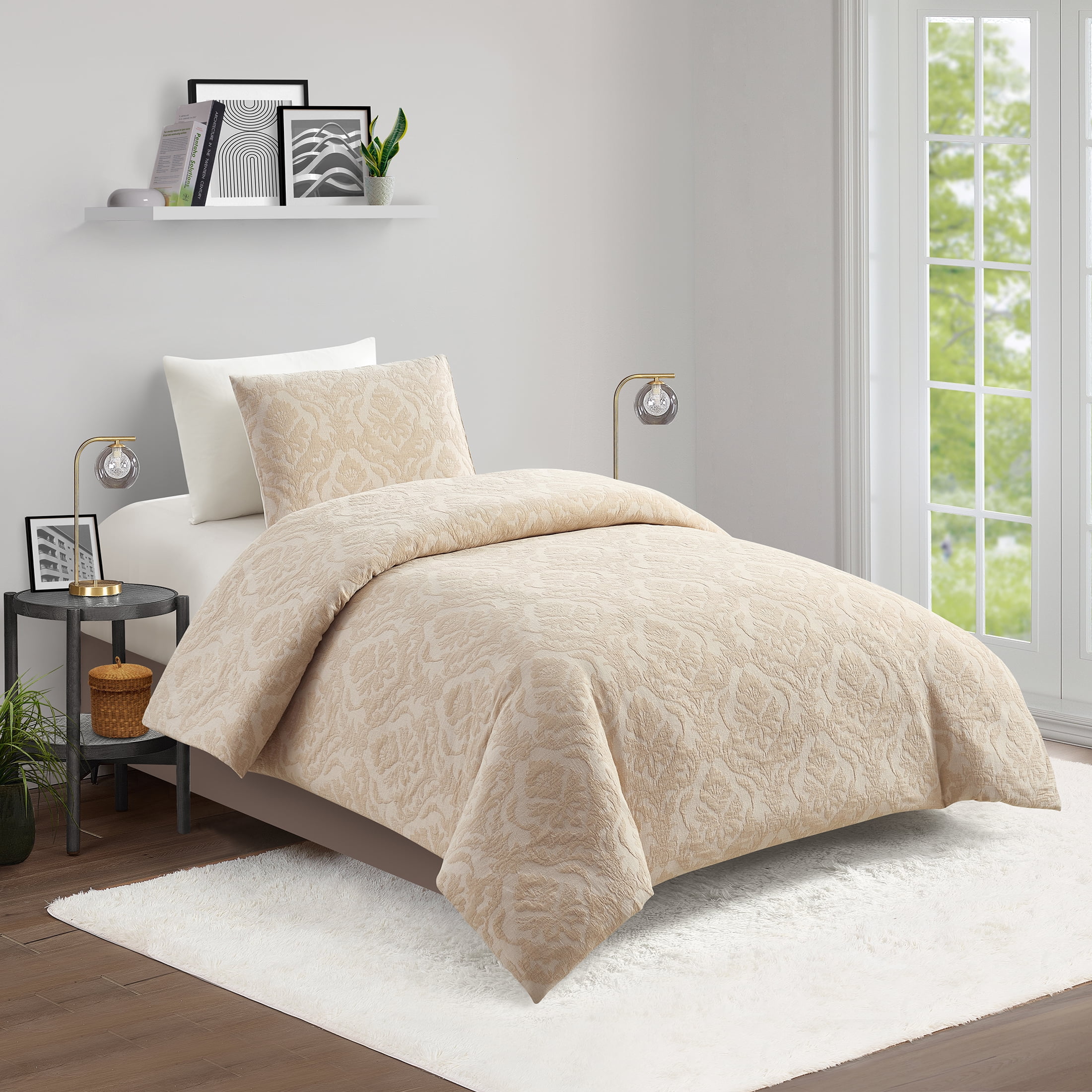 Better Homes & Gardens Woven Damask 2-Piece Comforter Set, Beige, Twin/Twin XL