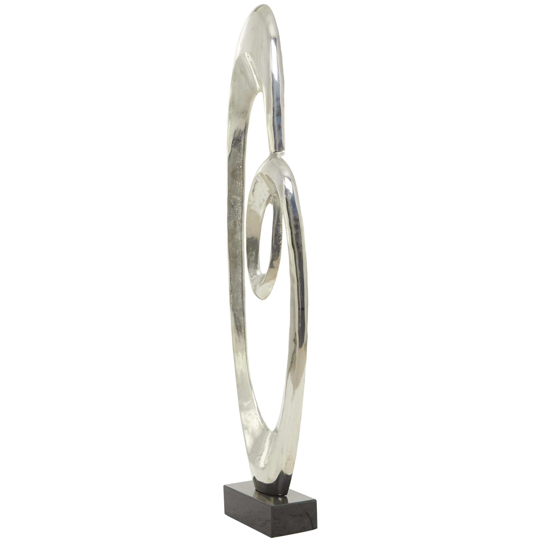 16" x 52" Silver Aluminum Metal Tall Floor Loop Abstract Sculpture with Black Marble Base, by DecMode