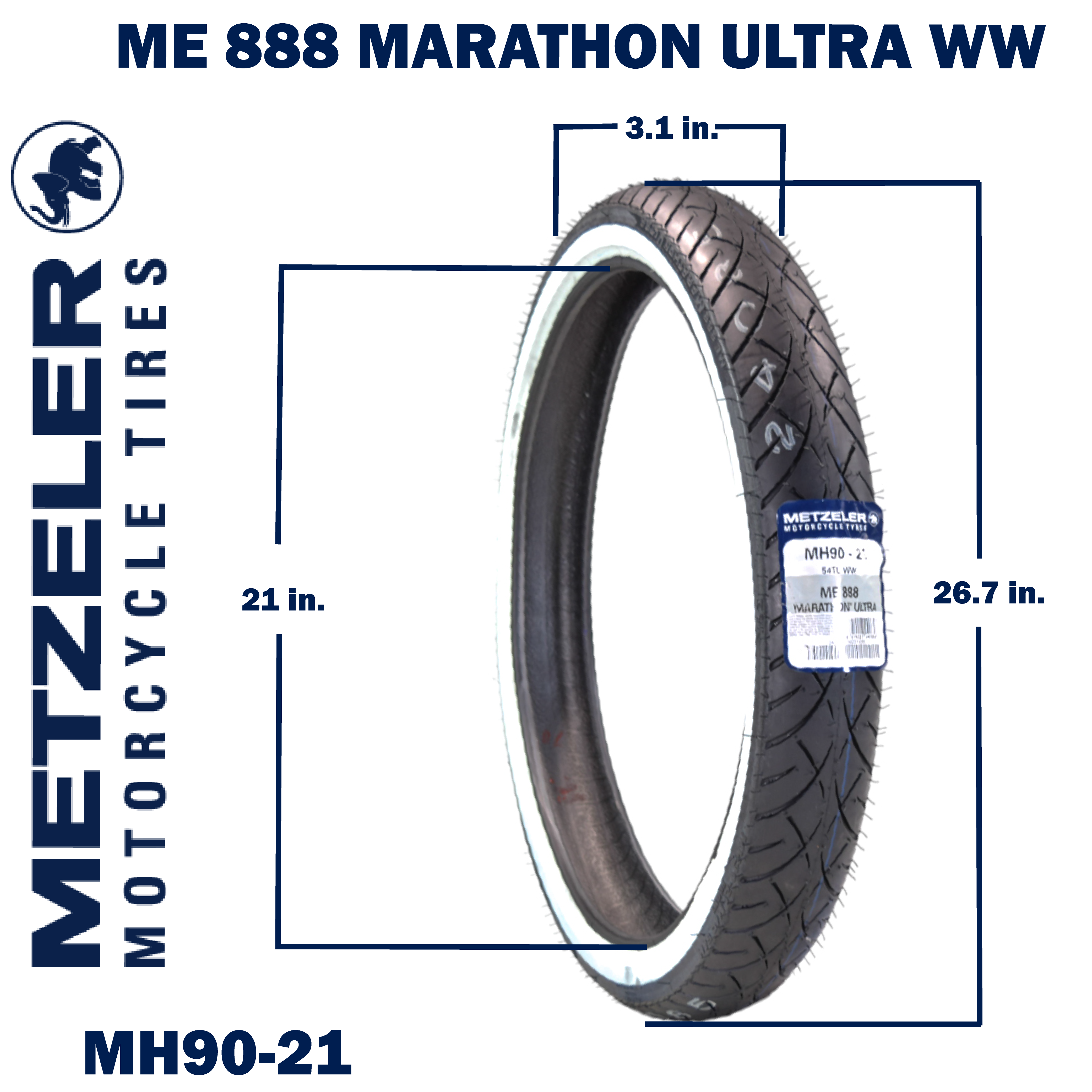 Metzeler ME 888 Marathon Ultra White Wall MH90-21 Front Tire with Keychain