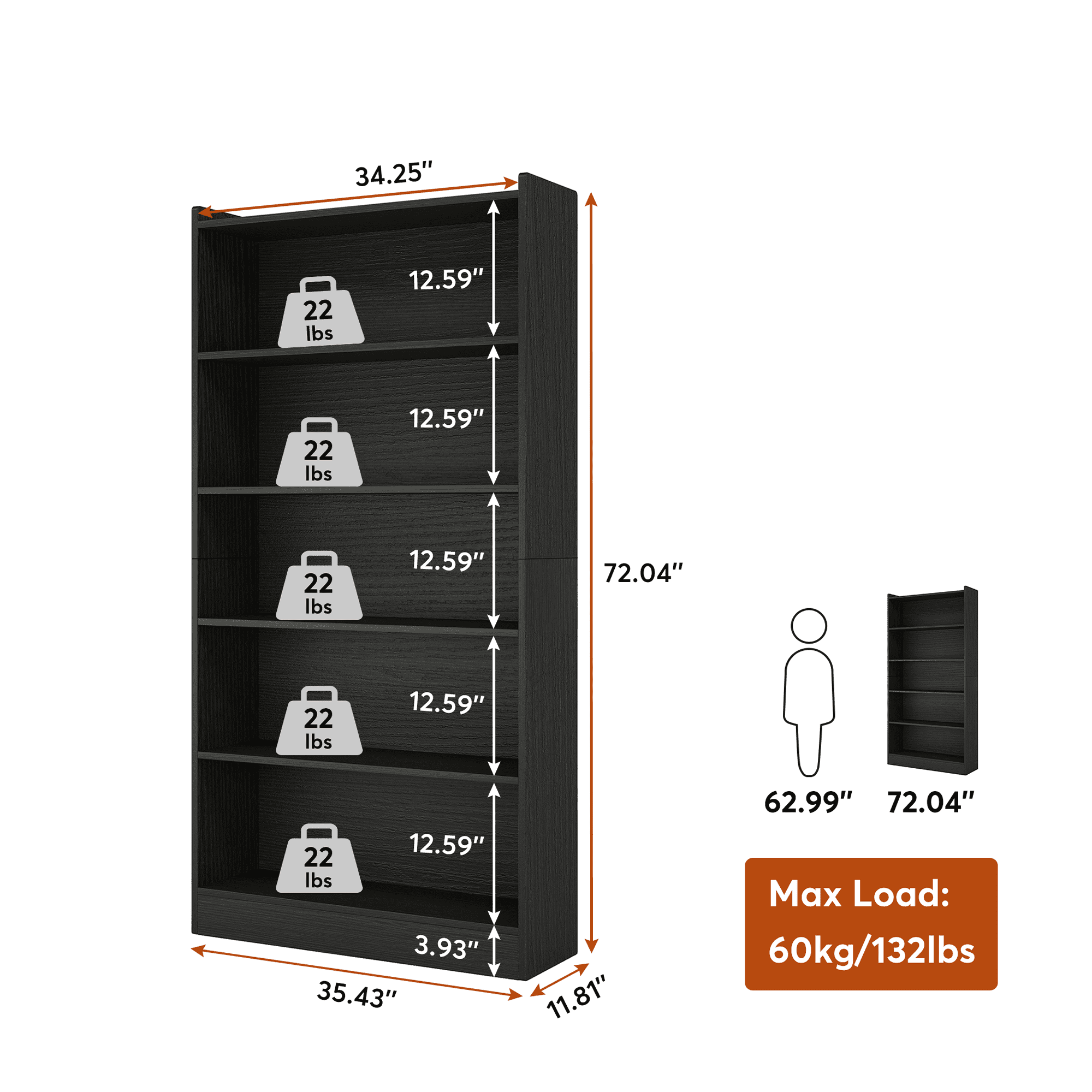MAYEERTY 6-Tier Open Shelf Tall Bookcase 22Lbs Per Shelf Anti-Fall Top Side Panels