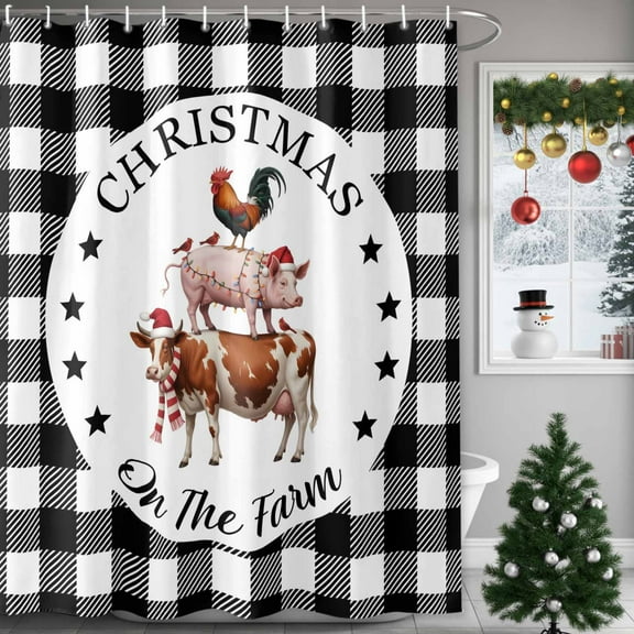 Christmas Animal Shower Curtains for Bathroom, Farm Cow Pig Chicken Black White Plaid Waterproof Fabric Shower Curtain for Bathroom Bathtub Decoration, Machine Washable, 60"x72"