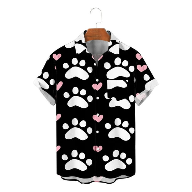 Ceisia Men's Casual Valentine's Day Short Sleeve Shirt Pet & Heart Print Regular Straight Fit Turn-Down Collar Spring Summer Shirt Gift