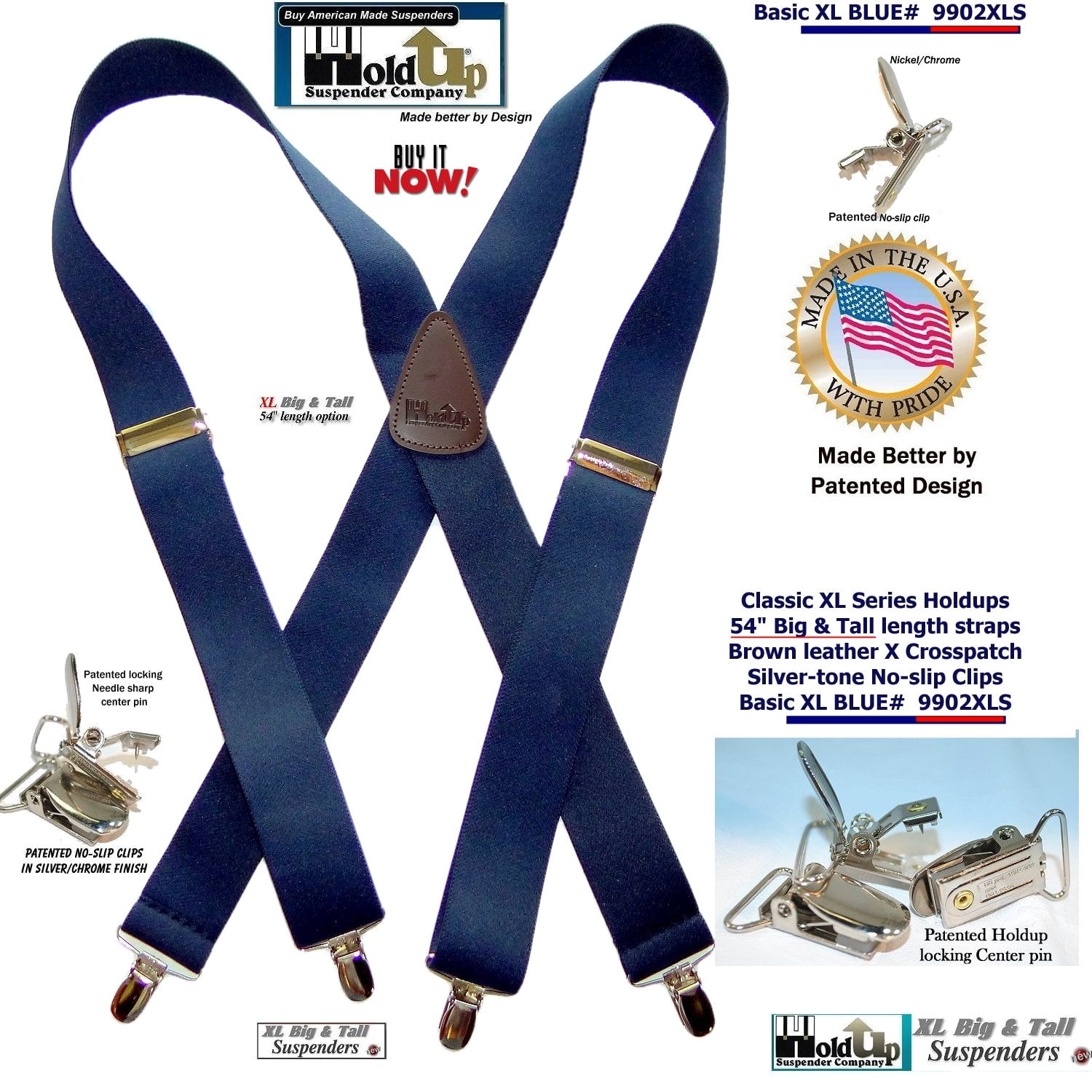 Hold Suspender Company Classic Dark Blue XL Suspenders in Xback Style