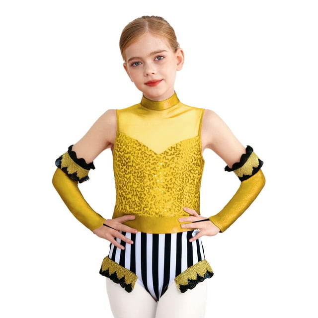 LiiYii Robe de Cirque pour Filles Halloween Maître de Piste Magicien Combinaison Sans Manches à Sequins Assortie Jaune 16