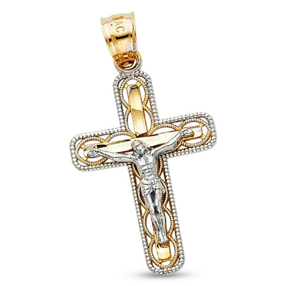Crucifix Charm Solid 14k Yellow White Gold Jesus Cross Pendant Beaded Two Tone Fancy 25 x 16 mm