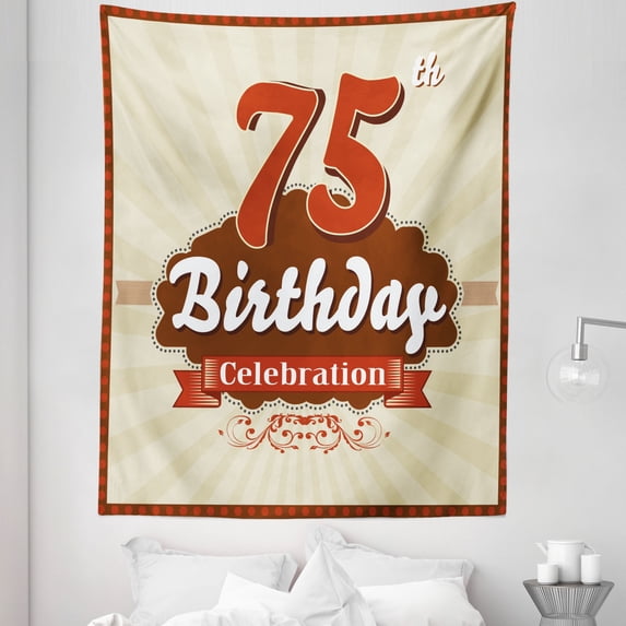 Retro Tapestry, Retro Style Design Celebration Theme and Number Old Age Print, Fabric Wall Hanging Decor for Bedroom Living Room Dorm, 5 Sizes, Scarlet Brown Eggshell, by Ambesonne