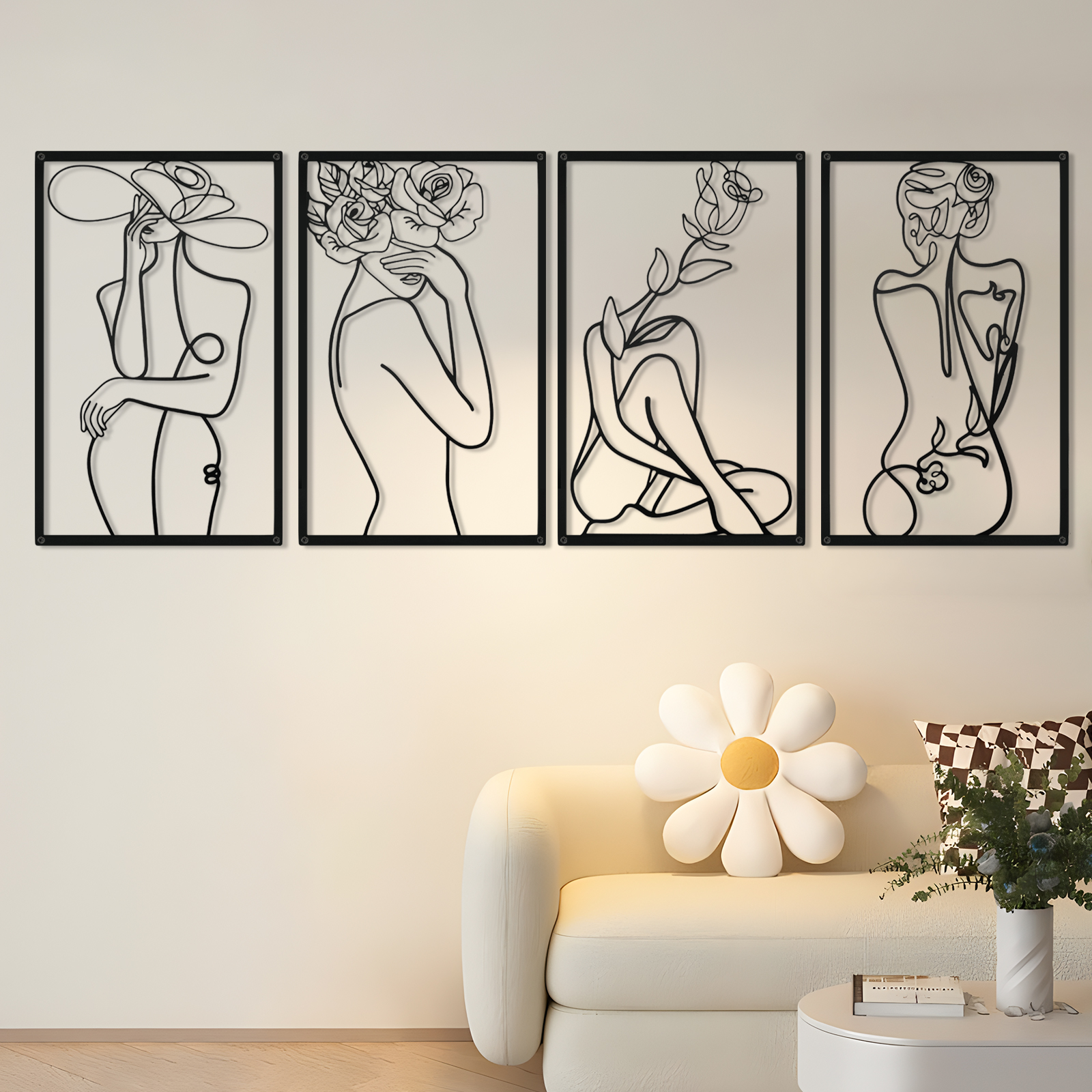 Wall Art Decor for Room Decor, 4 Piece Abstract Metal Wall Art, Female Black Wall Decor, Minimalist Flower Line Wall Hangings for Home Living Room Bedroom Bathroom