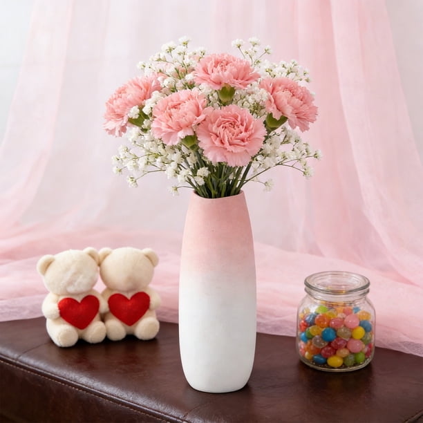 Jarrón de cerámica con degradado de meñique de 9,4" • Decoración de mesa moderna y elegante para el hogar • Acento de arreglo floral brillante rosa blanco duradero