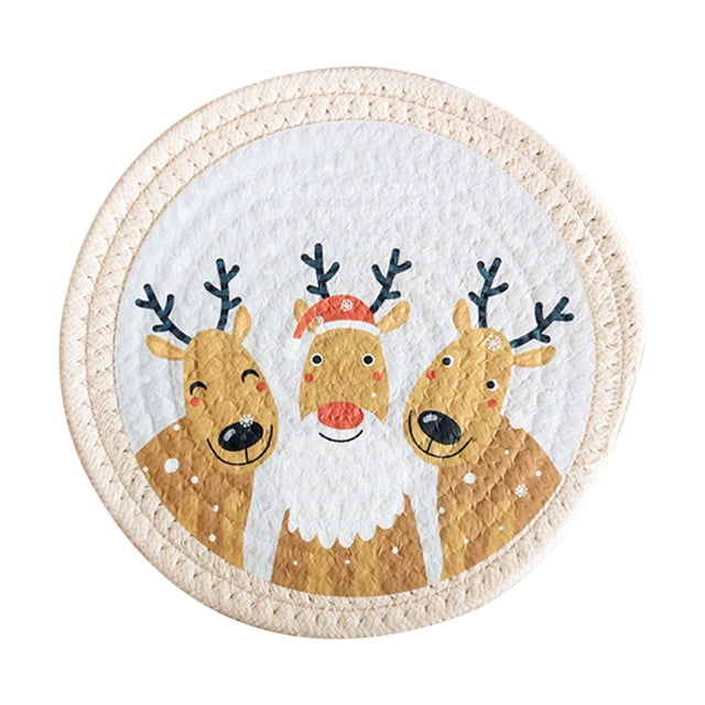 Beige Christmas Pot Mat Round Woven Cotton Rope Insulation Mat For Kitchen Dining Table Suitable For Baking And Cooking Cups Size 7.08X7.08 Inches Weight 0.15 Lb 1Pc