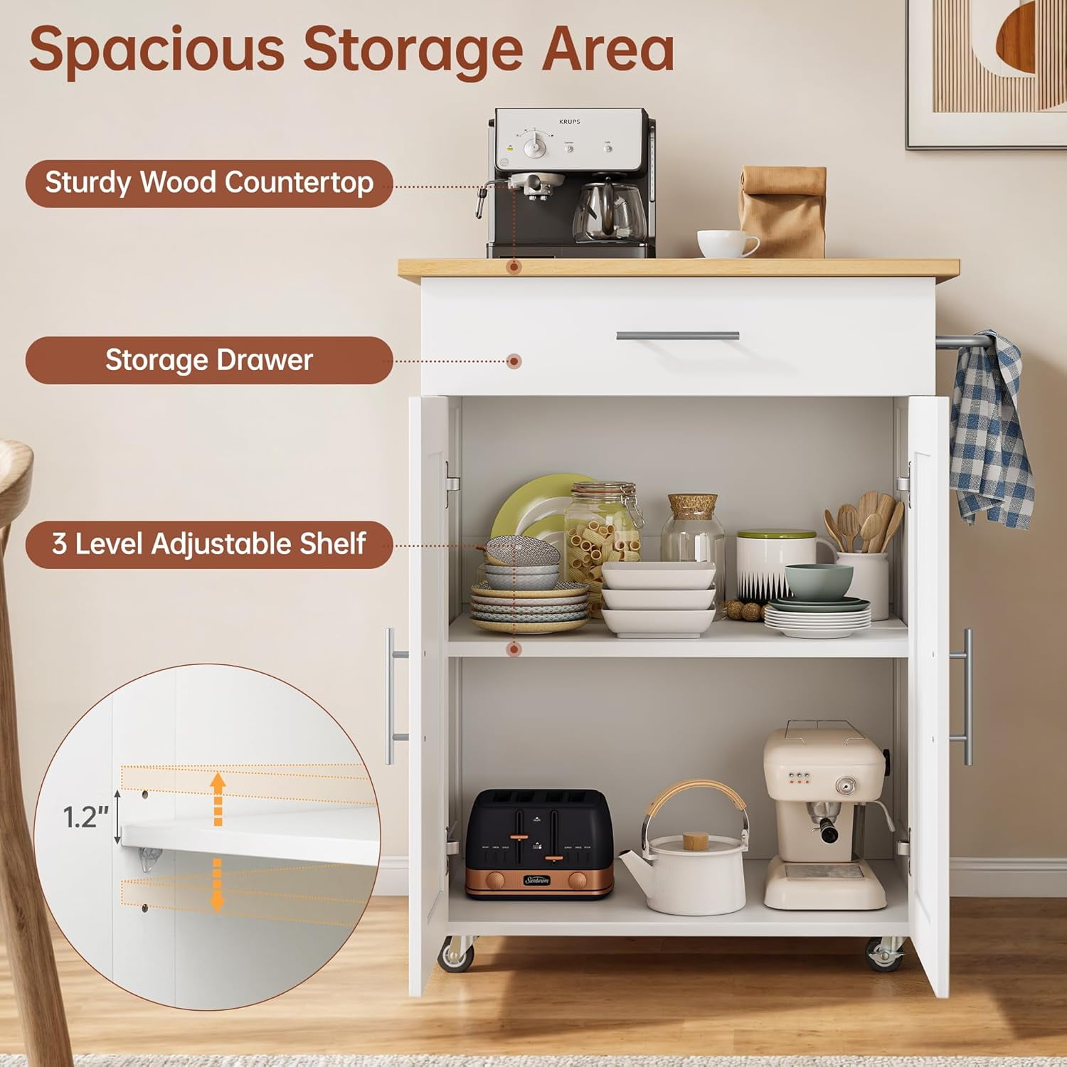 SELOOYE Kitchen Island Cart with Storage, Rolling Side Table, Large Worktop, Cabinet, Towel Rack, Drawers