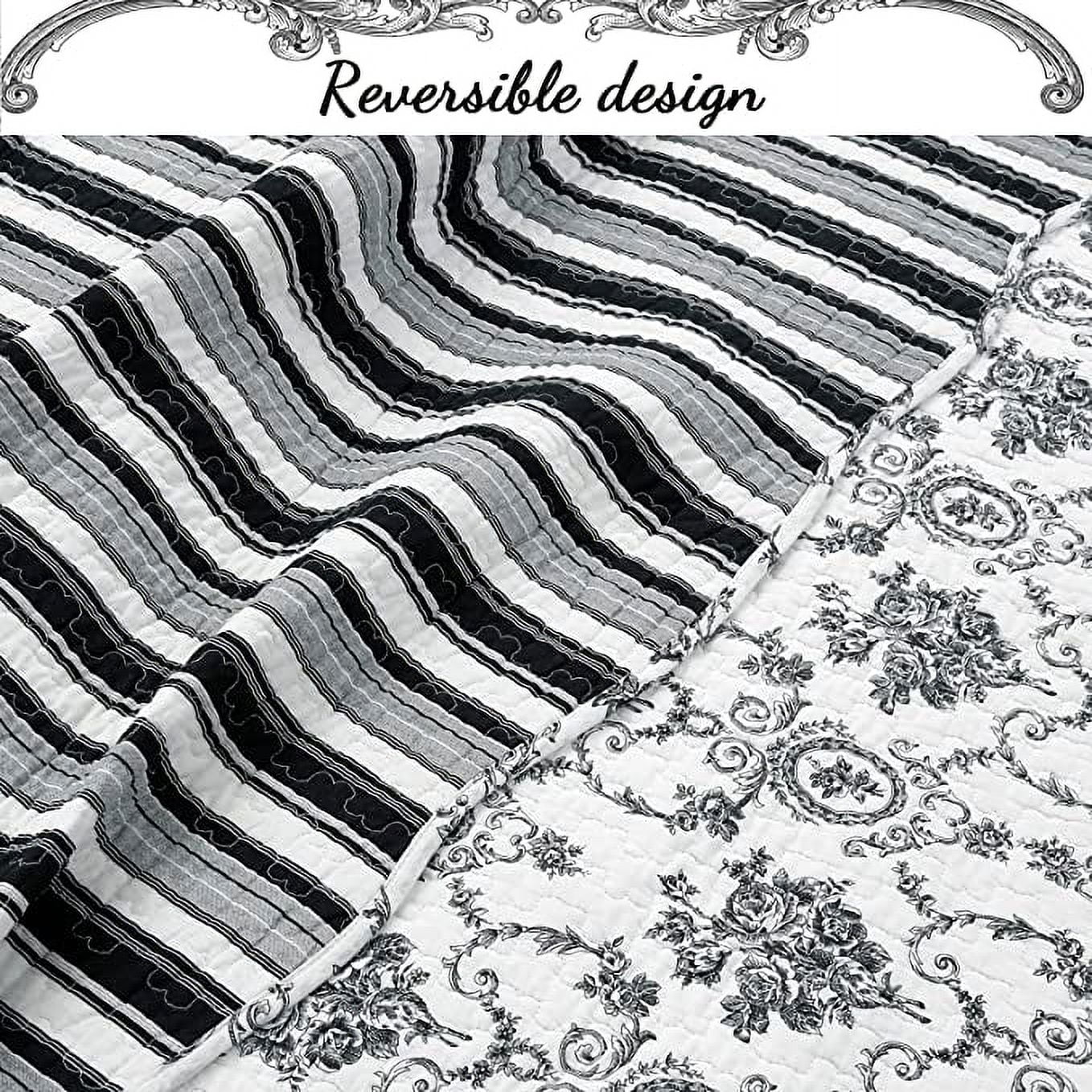 Cozy Line French Medallion Toile Black Reversible 100% Cotton 3-Piece Quilt Set, Queen Set