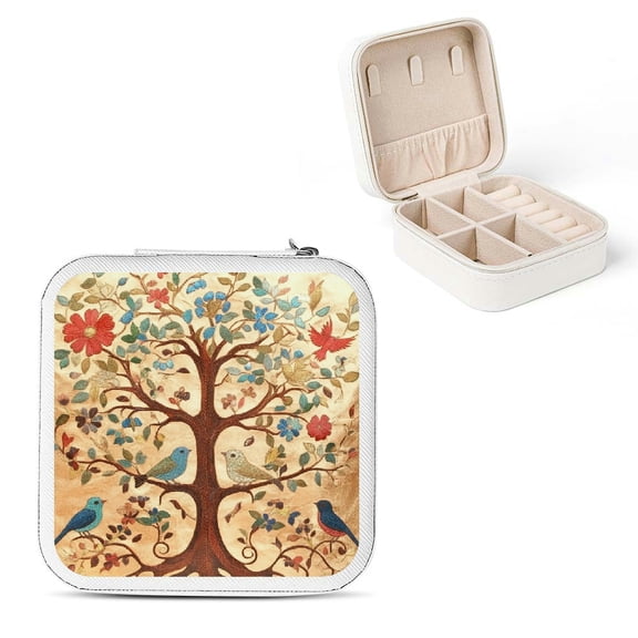 Creowell Decorative Tree Birds Small Jewelry Box for Women - PU Leather Necklace, Ring, Earring Organizer Case White