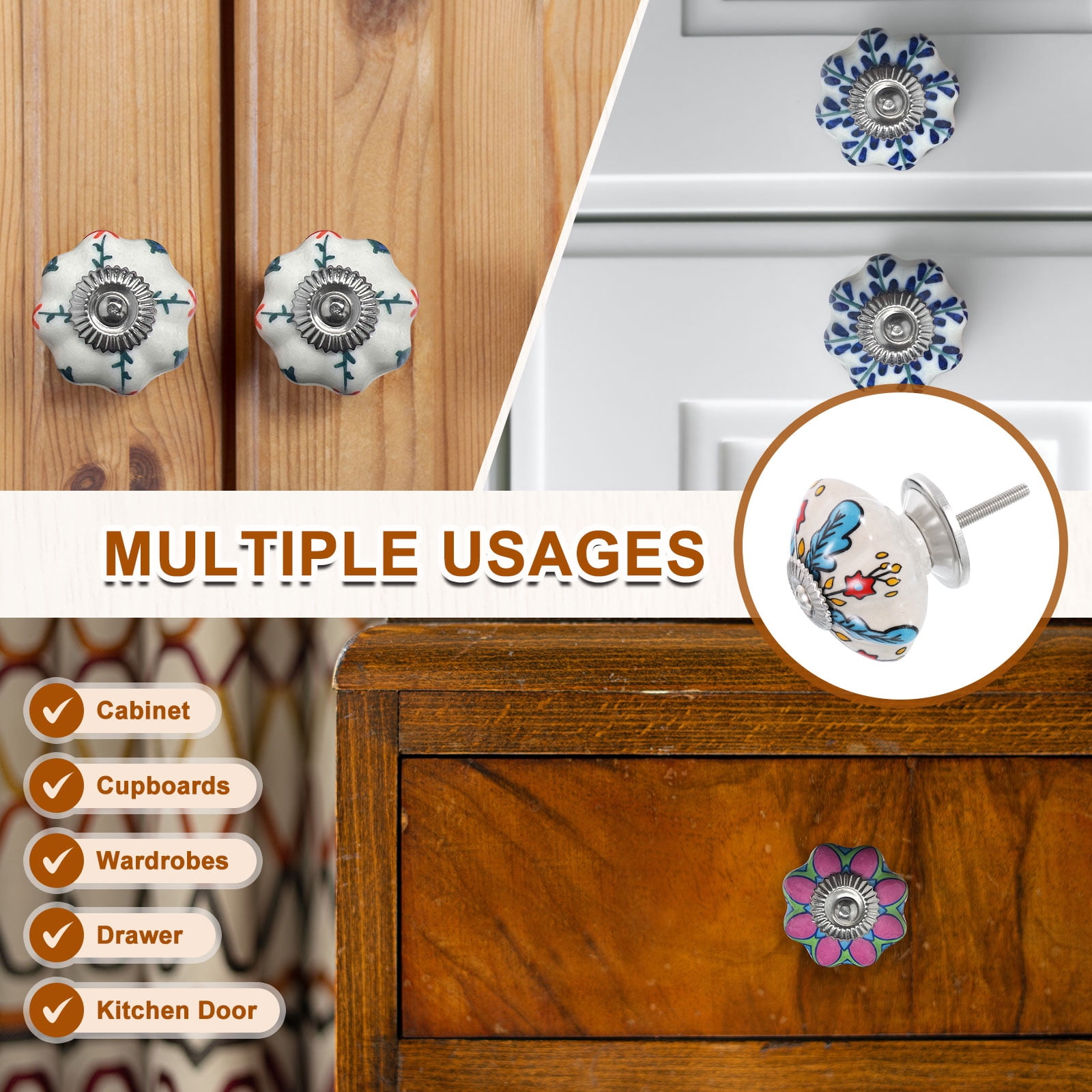 Uxcell 6 Pack Floral Ceramic Pull Knobs, Vintage Round Cabinet Knobs, Red Tulips Ceramic Knobs for Kitchen Cabinet