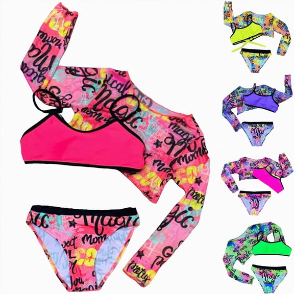 BOBOGOJP Teen Girls Bathing Suits Kids 4 Piece Long Sleeve Swimsuit Kimono Up Pants Bikini Tankini Set Swimwear(Watermelon Red, 9-10 Years)