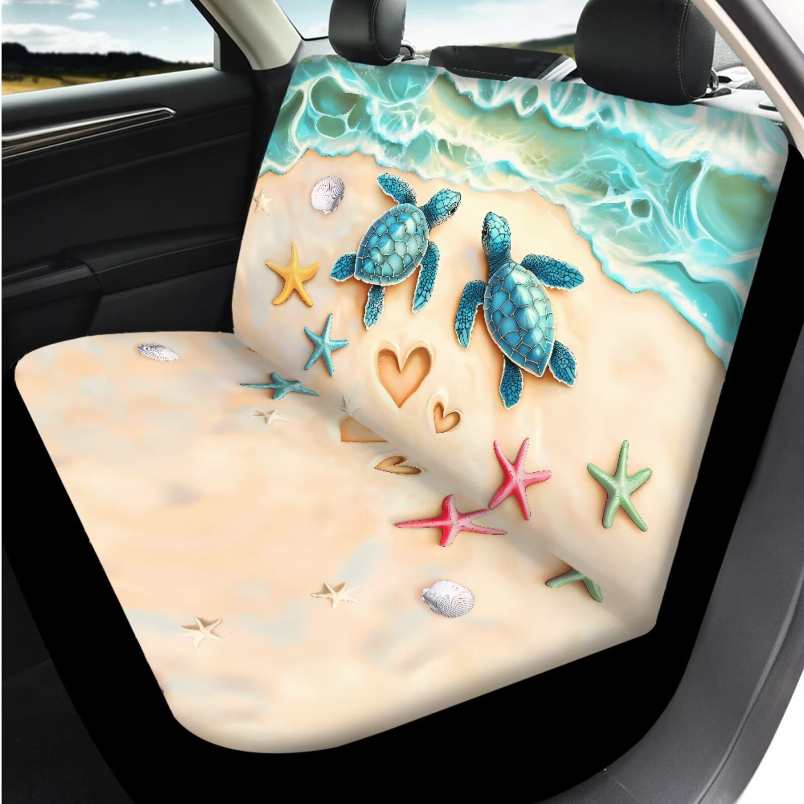 Uorisanigo Beach Turtle 14 Pack Car Seat Covers Sets Steering Wheel Cover and Center Console Cover Car Headrest Cover Auto Seat Belt Cover Water Cup Pad Keychain Soft Personalized Fit Car SUV