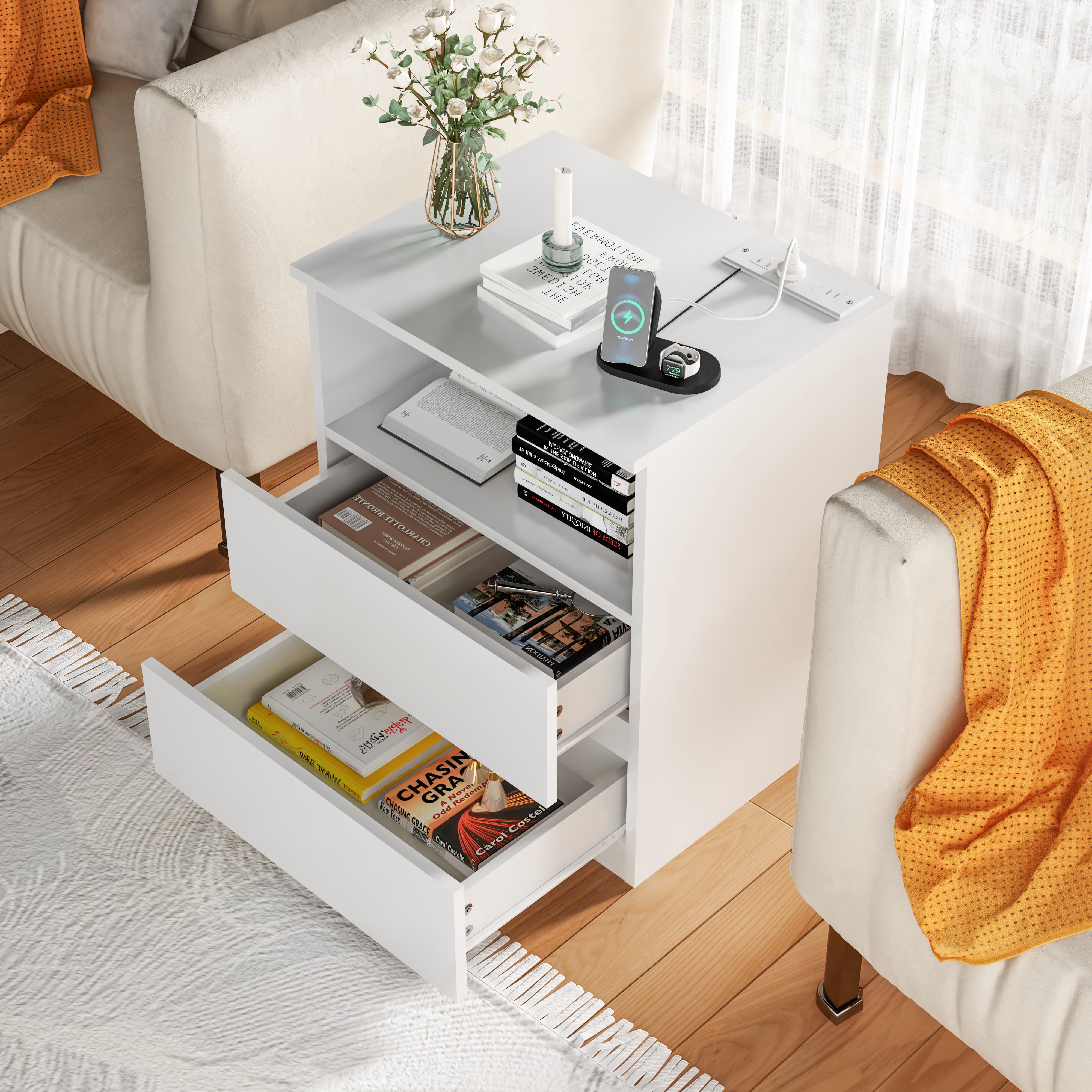Mintazer Nightstand Set of 2, Bedside End Table with Charging Station, 2 Drawers & Open Storage Compartment, Particle Board Side Table for Bedroom Living Room, White