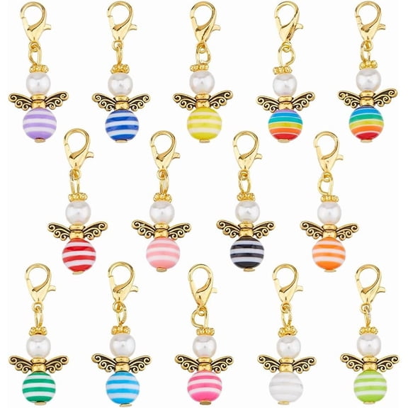 Colorful 84Pcs 14 Colors Angel Charms Clip On Charms Colorful Pearl Bead Guardian Charm Fairy Dangle Pendants Zipper Pulls Charm with Silver/Gold Lobster Clasps for DIY Jewelry Making Favor