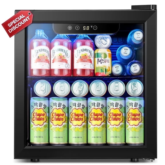 Auseo 1.3 Cu.ft. Mini Beverage Refrigerator Cooler - 55 Can &12 Bottle Mini Fridge with Double Glass Door, for Home/Bar/Office, Electronic Touch Control