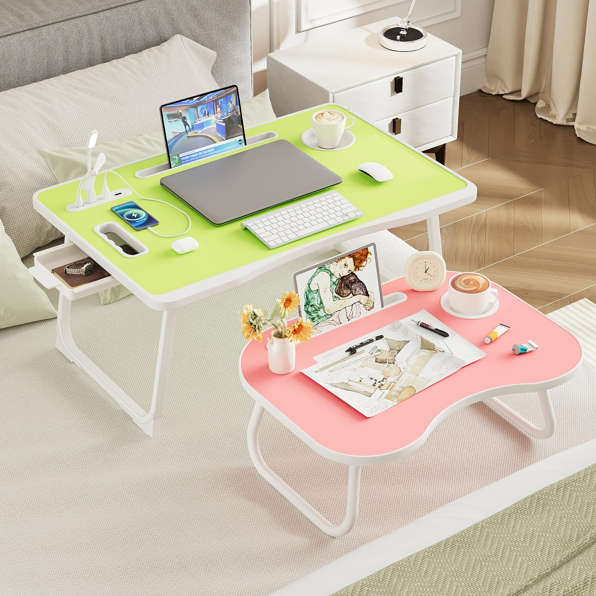 Foldable Portable Lap Desk with Cup Holder & Drawer - Adjustable Laptop Bed Tray for Sofa, Floor, Study, Breakfast, Multi Use Stand Table