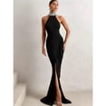 thumbnail image 4 of Thin Halter Elegant Dress Women Bead Button Backless Hollow Ruched Peach Hip Cocktail Party Sexy Stretch Bodycon, 4 of 22